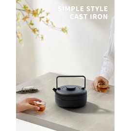 Toptier Teapot with Removable Infuser, Cast Iron Tea Kettle Stovetop Safe, Solid Geometry Cylinder Design Tea Pot Coated with Enameled Interior for 27 Ounce (800 ml), Black