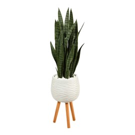 Nearly Natural 46-in Artificial Snake Plant for Indoor Home Decor, White Decorative Planter with Stand, Mid Century Modern Design Sansevieria, Faux Snake Plant for Living Room, Bedroom, Office