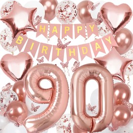 90th Birthday Decorations for Women, Rose Gold 40 Inch Number 90 Foil Birthday Balloons with Happy Birthday Banner and Butterfly Stickers