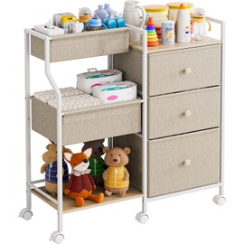 Modanais Baby Organizer and Storage - 3 Tier Rolling Cart with Dividers and Drawers, Easy to Assemble, Mobile Utility Cart with Wheels for Nursery, Bedroom, Changing Table & Crib,Off White