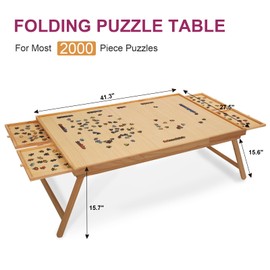 TEAKMAMA 2000 Piece Wooden Jigsaw Puzzle Board with 4 Drawers, Folding Puzzle Table with Protective Cover, Jigsaw Board with Legs, Multifunctional Game Table for Adults, 41.3W x 27.5D, Natural