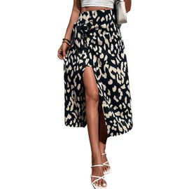 GORGLITTER Skirt with Slit, Women's A-Line Skirt, Midi High Waist Skirt, Long Skirt with Knot, black