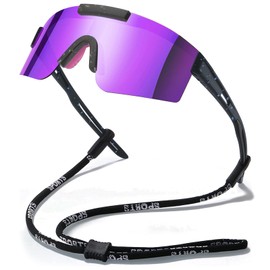 Gafas de Sol Deportivas Polarizadas para Hombres, Mujeres, Jóvenes, Conducción, Ciclismo, Pesca, Correr, Gafas de Sol con Cordón, Gafas de Protección 100% UV, Negro y Púrpura