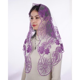 Bozidol Church Catholic Veils for Women, Triangle White Purple Cross and Dove Embroidered Lace Mantilla Chapel Veil, Latin Mass Prayer Scarf Head Coverings with Clips