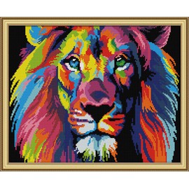 CaptainCrafts Cross Stitch Kits, Counted Cross Stitch Lion Unprinted 14CT Fabric Embroidery Kits Needlework Crafts House Deco (Unpreprinted 14CT, Coloured Lion)