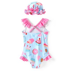 PATPAT Newborn Swimsuit for Girls One Piece Swimsuit Ruffle Bathing Suit with Headband, Light Pink, 9-12 Months