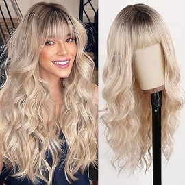 Long Wavy Wigs for Women Curly Synthetic Burgundy Brown Wig with Bangs Body Wave Heat Resistant Fiber Fake Hair for Cosplay Lolita Daily Use:_Ombre Blonde