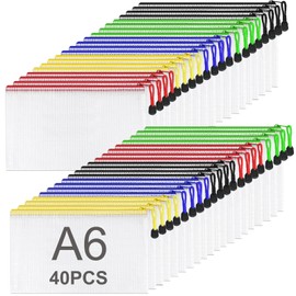 ASelected Pack of 40 A6 Zip Document Pockets, 5 Colour Mesh Plastic Zip Pockets, A6, Zip Pockets for File, Documents, Homework, Travel Accessories
