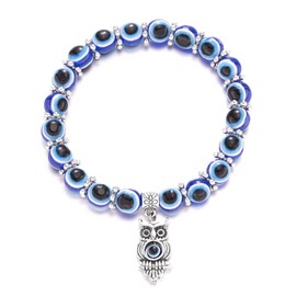 Caiyao Evil Eye Bead Bracelet Stretchy Hamsa Palm of Fatima Hand Butterfly Owl Elephant Tortoise Animal Amulet Bracelet for Women Men Friend Protection Jewelry Good Luck Gift-C owl