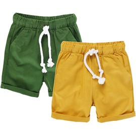 HILEELANG Toddler Boys' Shorts 2-Pack Chino Short Summer Cotton Casual Pants with Pockets Yellow Green 3t