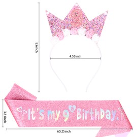 Casoty 9th Birthday Girl Crown Headband and Sash Set – Pink Glitter Princess Tiara with Flowers for Girls Party Dress Up, Birthday Outfit Accessories