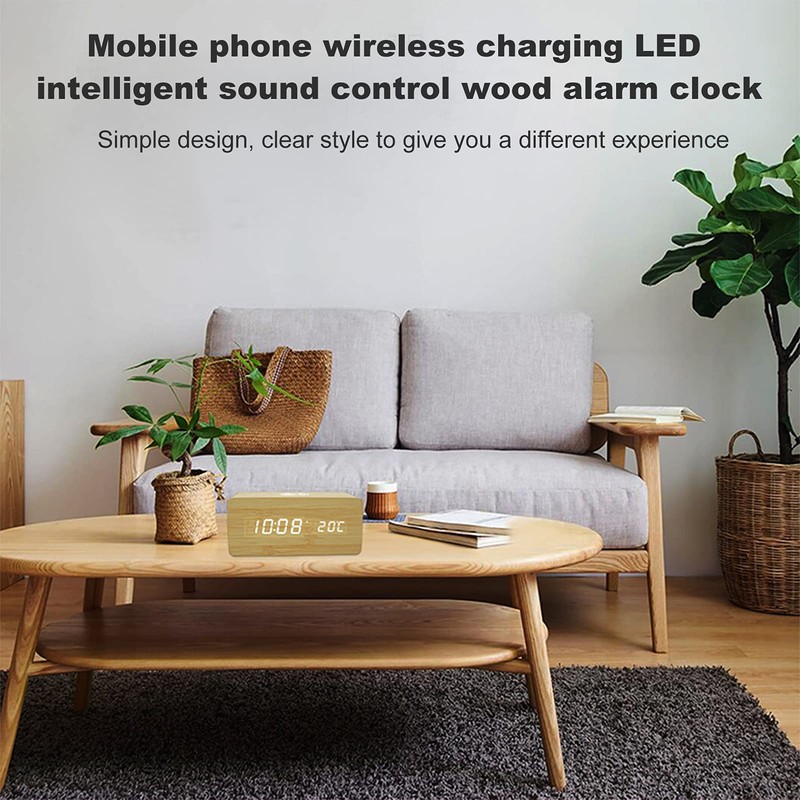 Buachois Wooden Digital Alarm Clock, Alarm Clock with Wireless Charging