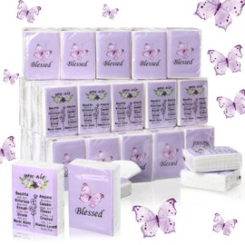 Harloon 50 Pack Christian Facial Pocket Tissues Purple Butterfly Travel Tissues Packs Religious Small Individual 3 Ply Gift for Wedding Travelling Graduation Party Supplies, 7 Sheets Per Pack