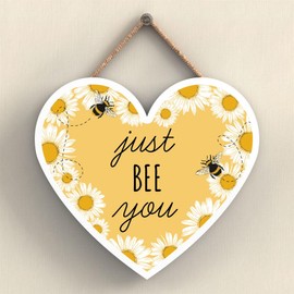 Global Designs Just Bee You Yellow Bee Themed Decorative Wooden Heart Shaped Hanging Plaque