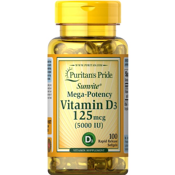 Puritan's Pride Vitamin D3 Mega Potency 5000 IU Bolsters Immune Health System Support and Healthy Bones & Teeth, Unflovored, 100 Count