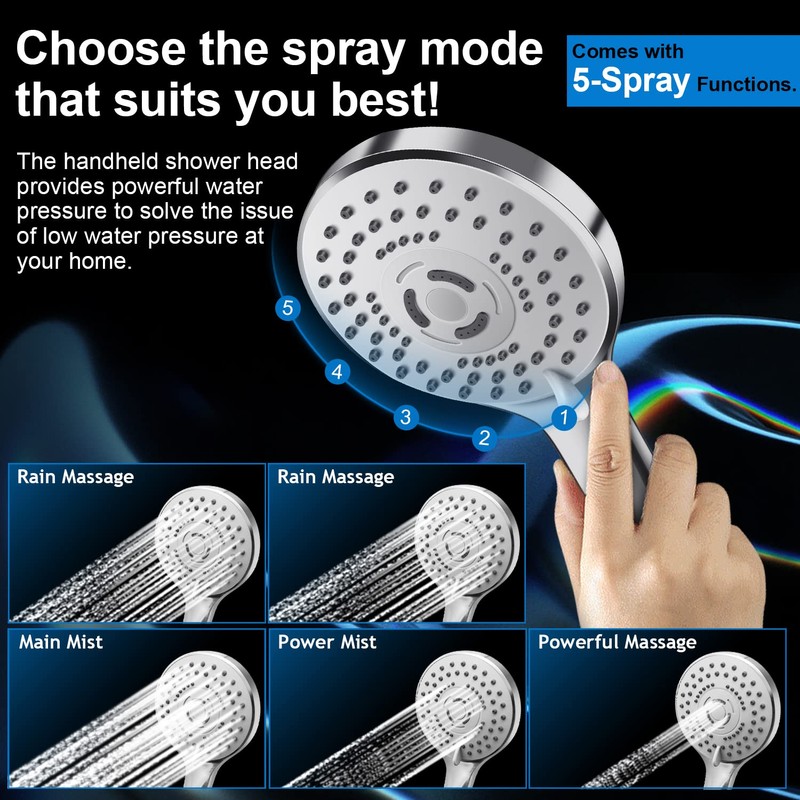 PinWin Modern 12" Large Square Rain Showerhead with 5 Modes