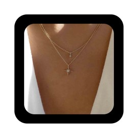 Enautoabs Boho Layered CZ Star Necklace Crystal Northstar Pendant Necklaces Gold Star Choker Necklace Double Layer Starburst Necklaces Chain Jewelry for Women