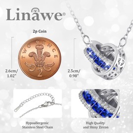 Linawe Sapphire Blue Pendant Interlocking Double Circle Silver Necklace for Women, Moissanite Imitation Diamond Crystal Birthstone Rhinestone Dainty Necklaces, Stainless Steel Chain