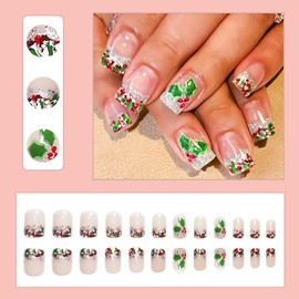 24Pcs Christmas Press on Nails Short Square Fake Nails Green Leaf Holly Glue on Nails with Silver Glitter Glue on Nails Red Green Sequins French Glossy Winter Xmas Acrylic Nails False Nail for Women