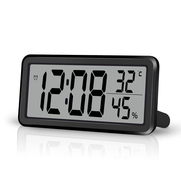 SZELAM 5.6 Inch LCD Digital Alarm Clock with Large Number Display, Small Digital Wall Clock, Slim Table Clock with Temperature, Humidity, Snooze Function for Bedroom, Home, Office, Black