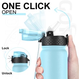 GOPPUS 600ml/20oz Stainless Water Bottle with Straw Double Wall Insulated Bottles with Strap One Hand Open Vacuum Thermal Flask Leakproof Keep Cold Drinks Bottles BPA Free for Adults (Blue Pink)