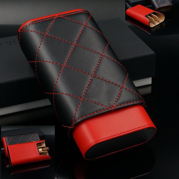 Red Black Leather Adjustable Cedar Wood Cigar Case Holder Humidor