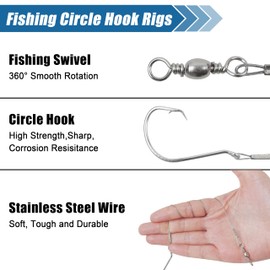 Circle Hook Rigs Saltwater Steel Leader Wire with Swivels Octopus Offset Hooks Saltwater Leader Rigs 10pcs Heavy Duty Pre-Rigged Circle Hooks Wire Leader Surf Fishing Tackle for Catfish Bass