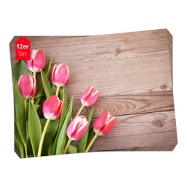 Place Mat Set - Pink Tulips on Wooden Table - Pack of 12 Made in Germany, 44 x 32 cm Made of Special Natural Paper in Storage Folder - The Special Table Decoration for Spring, Easter and Flowers