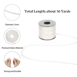 BEL AVENIR Nylon Satin Cord, 2mm 50 Yards Braided Lift Shade Cord for Necklace Bracelet String Cord, Blind Shade, Trim and Shoelaces (White)