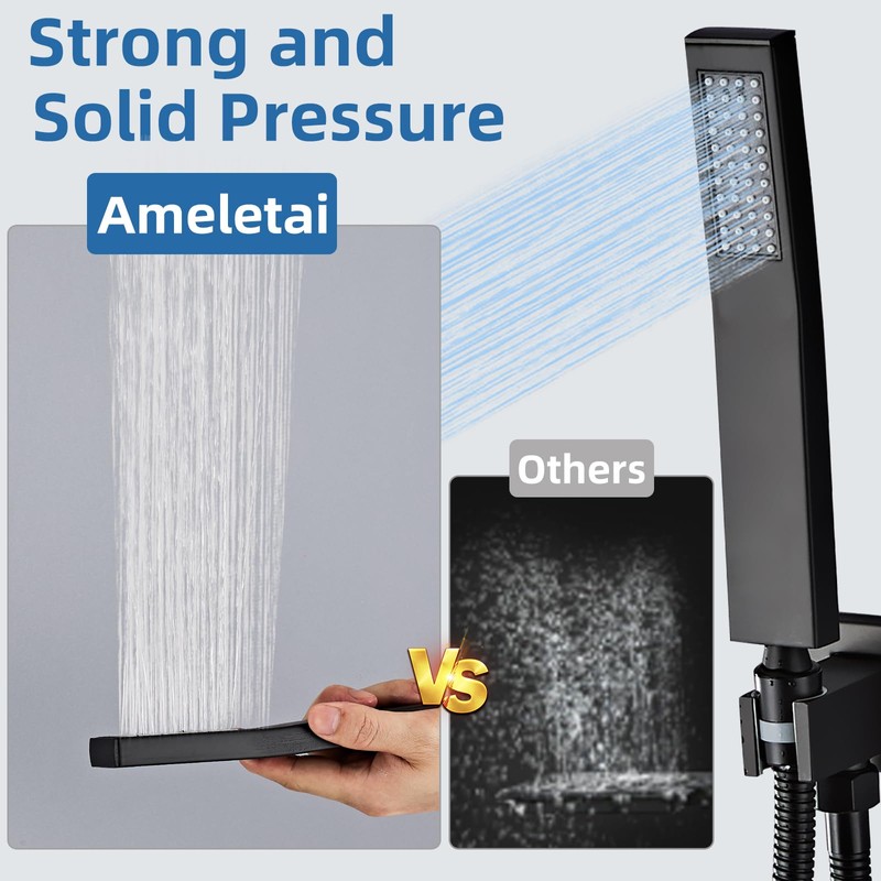 Ameletai Matte Black Handheld Shower Head Set, Square Shower Wand