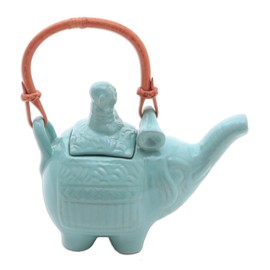 NOVICA Light Blue Ceramic Teapot with Rattan Handle, 27 Oz, Buddha and The Turquoise Elephant'