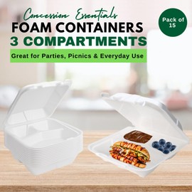 Concession Essentials- Foam Containers 3 Compartment / 9" x 9" x 3.5" - Pack of 15ct