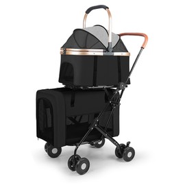 Double Pet Stroller for 2 Dogs or Cats, Folding Dog Stroller with 2 Detachable Carrier Bags, Safety Belt, 4 Lockable Wheels, Separate Compartments, for Multi-Pet Homes (Black)