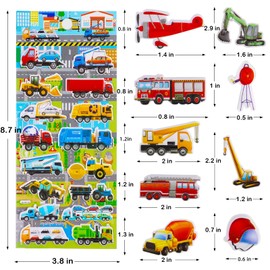 SHANGRLA Puffy Truck Stickers for Toddlers Kids Boys - Foam Vehicles with Fire Truck Construction Truck Garbage Trash Truck Tractor Digger Bulldozer,Reusable 3D Puff Car Stickers,4 Sheets.