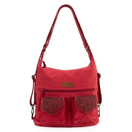 Wrangler Floral Tooled Denim Hobo/Crossbody Backpack (Convertible ) Messenger Bag - Color: Red
