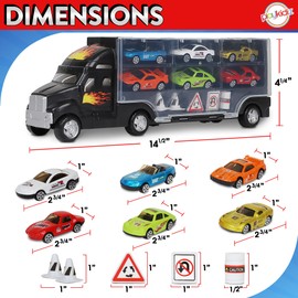 Playkidiz Car Carrier Toy Trucks for Kids - Car Transporter Toys Truck Includes 6 Toy Cars and Accessories - Toy Car Carrier with 12 Car Slots Boys Girls