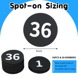 QKEL 36PCS Black Carpet Spots Marker with Numbers 1-36, Classroom Organization 4 Inch Carpet Floor Circle Sitting Dots for Preschool, Kindergarten, Elementary School