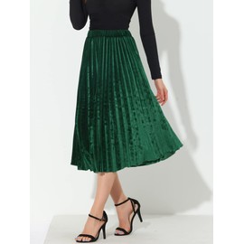 Allegra K Women's Elastic Waist Party Metallic Shiny Accordion Pleated Midi Skirt Green M-12