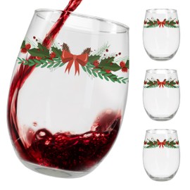 BANBERRY DESIGNS Christmas Wine Glasses - Set of 4 Stemless with Holly, Berries & Red Bows Design - 20 oz. Capacity