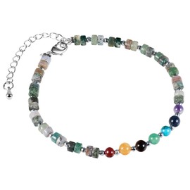 Nupuyai 4 mm 7 Chakra Beads Bracelet Anklet Colourful Healing Friendship Bracelet Adjustable Yoga Bracelets for Couples Protection Jewellery Women, Stone Metal, Indian agate
