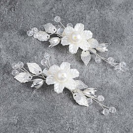 2 Pcs bridal hair clips, white flower hair clip,Wedding Hair Pins with Pearls & Silver Leaf Vine for Wedding Paty Birthday