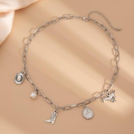 Cowboy Boots Hat Charm Necklace for Women Men Retro Western Style Cowgirl Irregular Pearl Coin Horse Dainty Boho Pendant Paperclip Chain Choker Vintage Country Rodeo Outfit Fashion Jewelry Gifts (Silver)