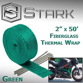 Stark (2-Pack) 2"x50ft Exhaust Fiberglass Heat Wrap Tape w/ 5 Steel Ties - Green (O)