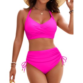 Blooming Jelly Womens High Waisted Bikini Sets Crisscross Two Piece Swimsuit V Neck Tie Back Bathing Suit (Medium, Pink)
