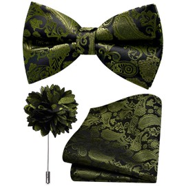Branduce Paisley Olive Green Bow Tie Set for Men Wedding Silk Bowties Pocket Square and Lapel Pin Brooch Set (BB11-43)