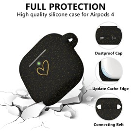 AIIEKZ Compatible with AirPods 4 Cover 2024, Soft Silicone with Gold Heart Pattern for AirPods 4th Generation Case with Cute Pendant Keychain for Girls Women (Glitter Black)