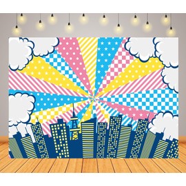 Loccor 5x4ft Fabric Super City Backdrop Cartoon City Skyline Comic Clouds Background Boom City Buildings Background for Superhero Theme Party Decorations Photo Studio Props