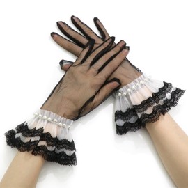 YAEISM Black Tulle Gloves Short Lace Cuffs Sheer Gloves White Pearl Ruffled Mesh Gloves for Tea Party Wedding Elegant Bridal Costume Accessories for Women