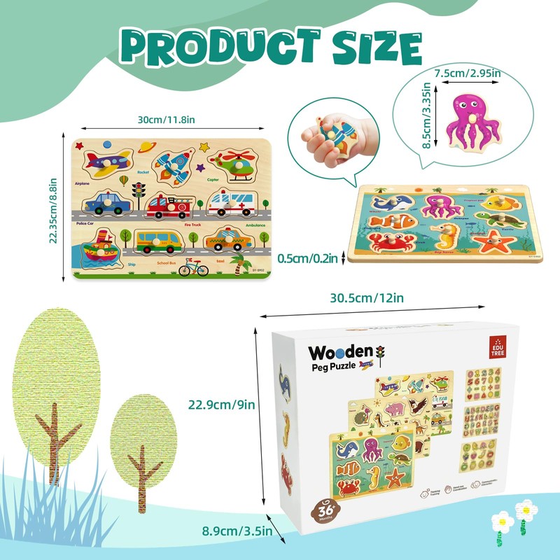 edutree Wooden Peg Puzzles for Toddlers 2-4, 6 Pack Educational