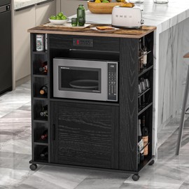 VECELO Rolling Kitchen Island Cart with Large Storage, Microwave Stand, Open Shelves, Wine Rack, Power Outlet, Bar Cabinet for Dining Room, Living Room, Black